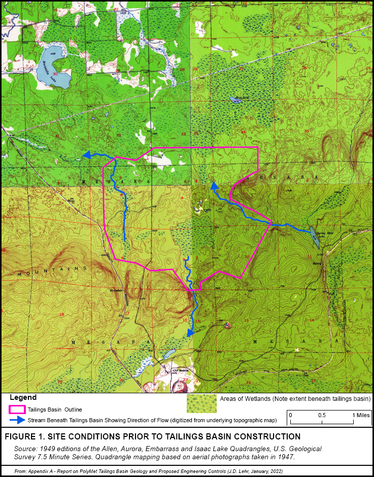 Parts of the area under the Flotation Tailings Basin were formerly wetlands and gravel pits, and two streams flowed out of the site and one into it.